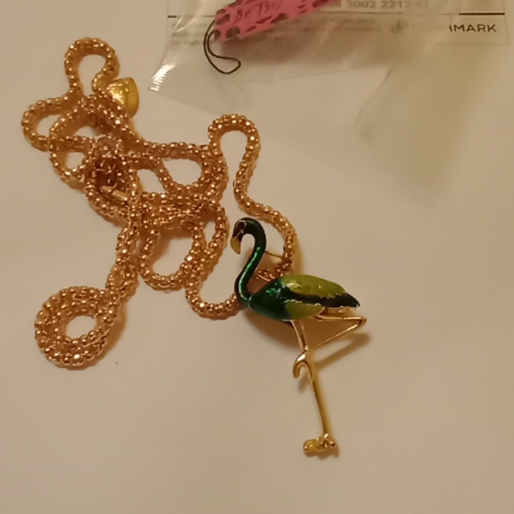 new  flamingo necklace/brooch  green & gold
